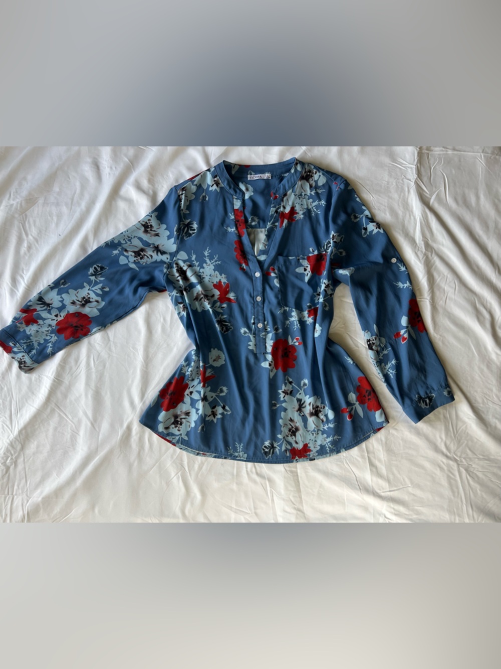 Blue Floral Split-V Henley Blouse with Red Accents